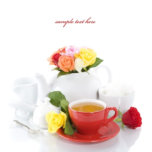 Tea set with roses — Stock Photo, Image