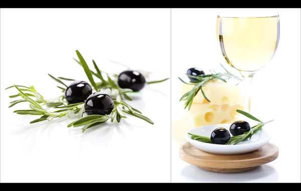 Aceitunas, queso y vino blanco — Foto de Stock