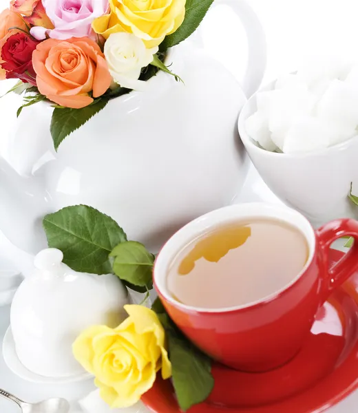 Tea set with roses — Stock Photo, Image