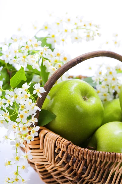 Grüner Apfel mit Blüten — Stockfoto