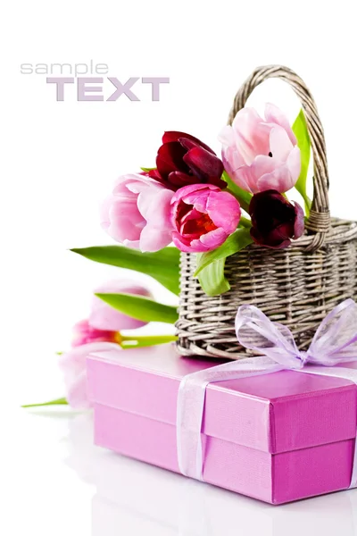 Tulipani rosa e confezione regalo — Foto Stock