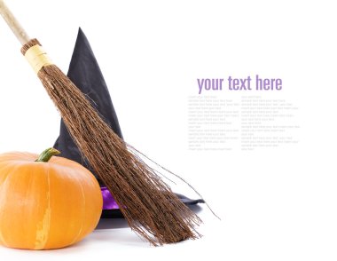 Witch broomstick, pumpkin and hat clipart