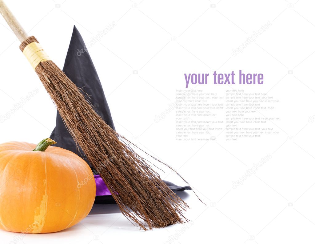Witch broomstick, pumpkin and hat