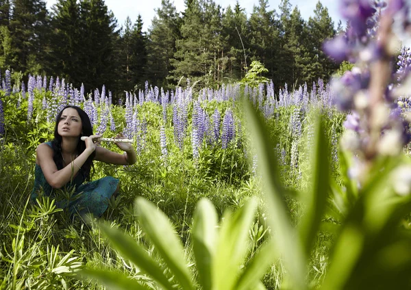 Attraktives Mädchen mit einer Flöte sitzt auf einem Sommerfeld. — Stockfoto