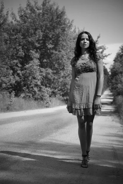 stock image Portrait of beautiful girl outdoor. Black&White photo.