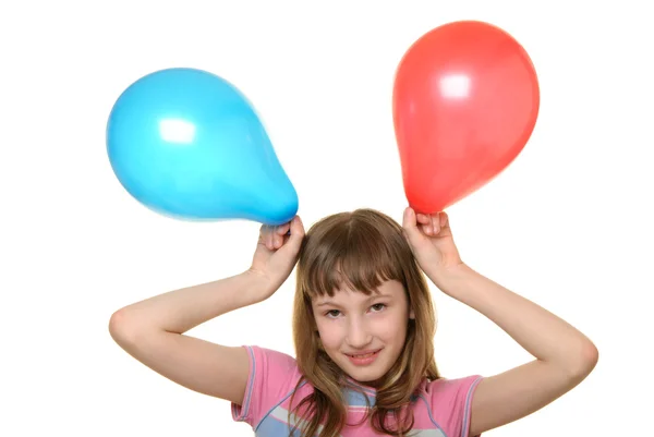 Ευτυχισμένος κορίτσι με δύο μπαλόνια χρώμα — Φωτογραφία Αρχείου