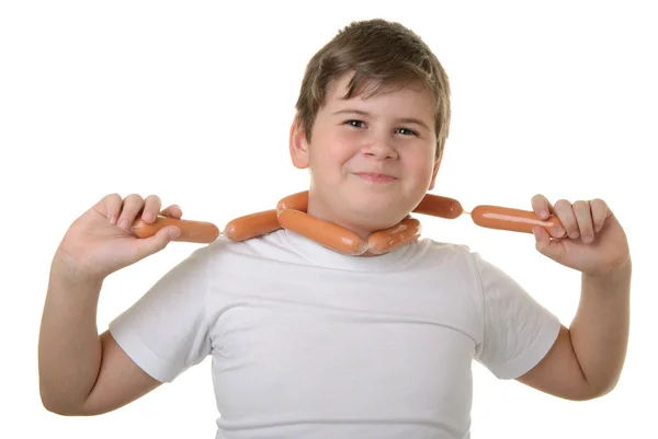Boy has wrapped up sausages round neck — Stock Photo, Image