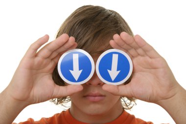 Boy holds before arrow eyes specifying clipart