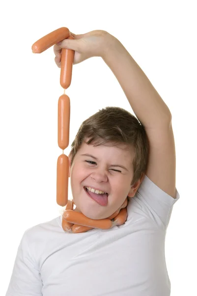 Boy is hung up on sausages — Stock Photo, Image