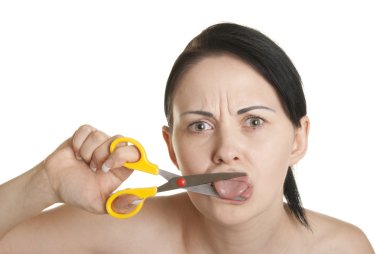 Young woman cuts off to itself tongue clipart