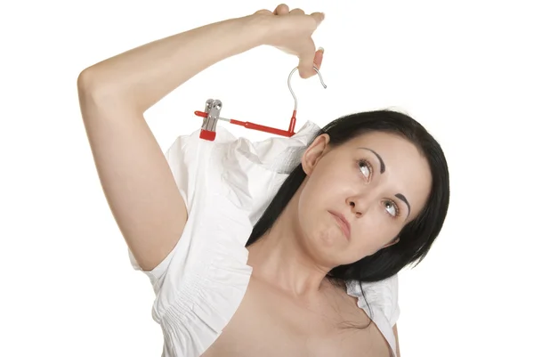 Woman and hanger for clothes — Stock Photo, Image
