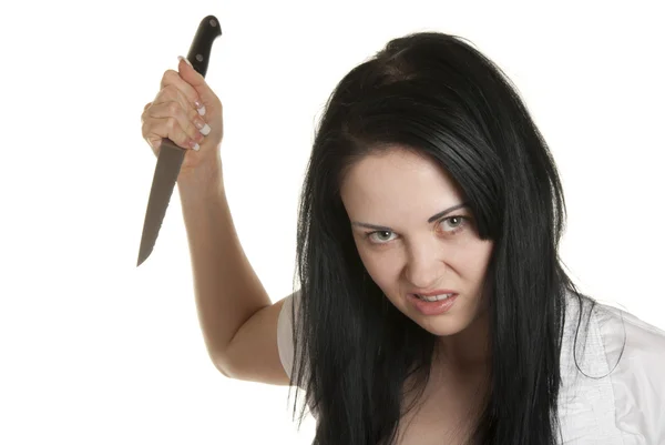 Aggressive woman with sharp knife — Stock Photo, Image