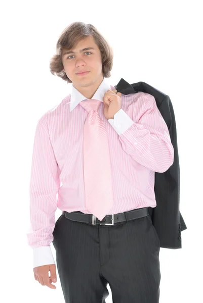 Lachende tiener in pak met banden — Stockfoto