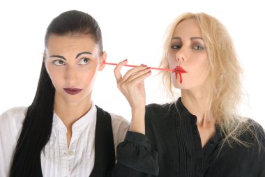 Woman sucks blood from an ear other woman clipart