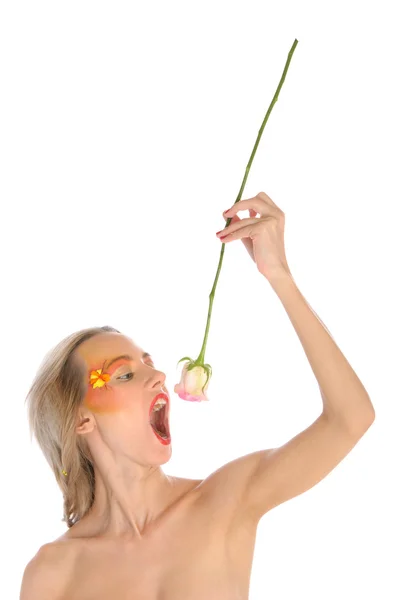 Young woman swallows of flower — Stock Photo, Image