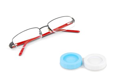 Glasses and contact lenses case on white clipart