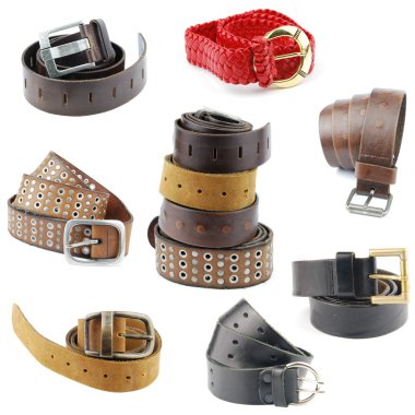 Collection of leather belts on white clipart