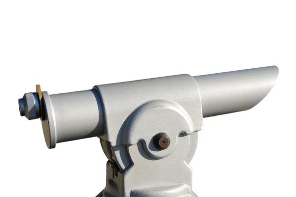 白い背景で隔離の灰色の硬貨によって作動させる望遠鏡 — ストック写真