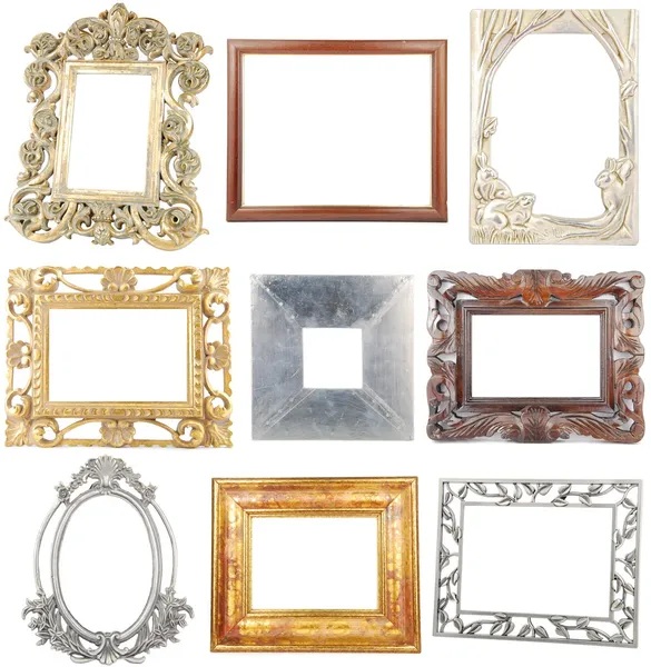 Collectie houten en metalen frames op wit — Stockfoto