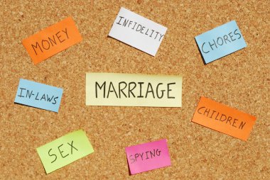 Marriage keywords on a colorful cork board clipart