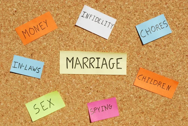 stock image Marriage keywords on a colorful cork board