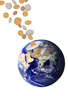 Planet earth catching falling dollars clipart