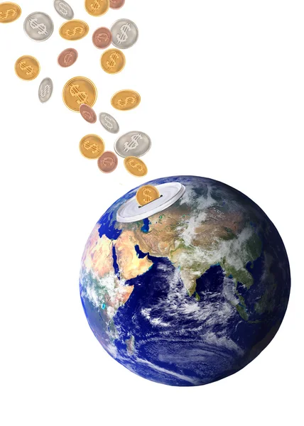 Planet earth catching falling dollars — Stock Photo, Image
