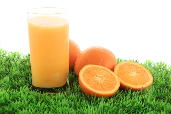 Orangensaft und Obst auf Gras — Stockfoto