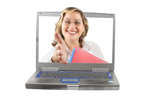 Mujer computadora apretón de manos — Foto de Stock