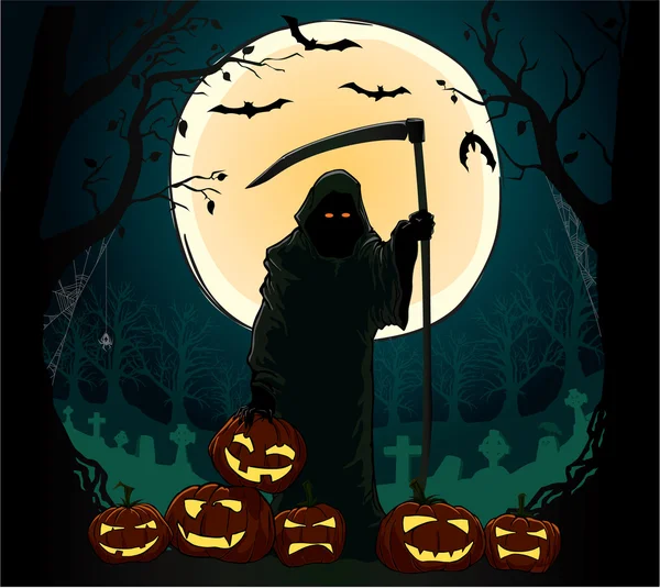Spirit of death holding the spooky pumpking — Stock Vector