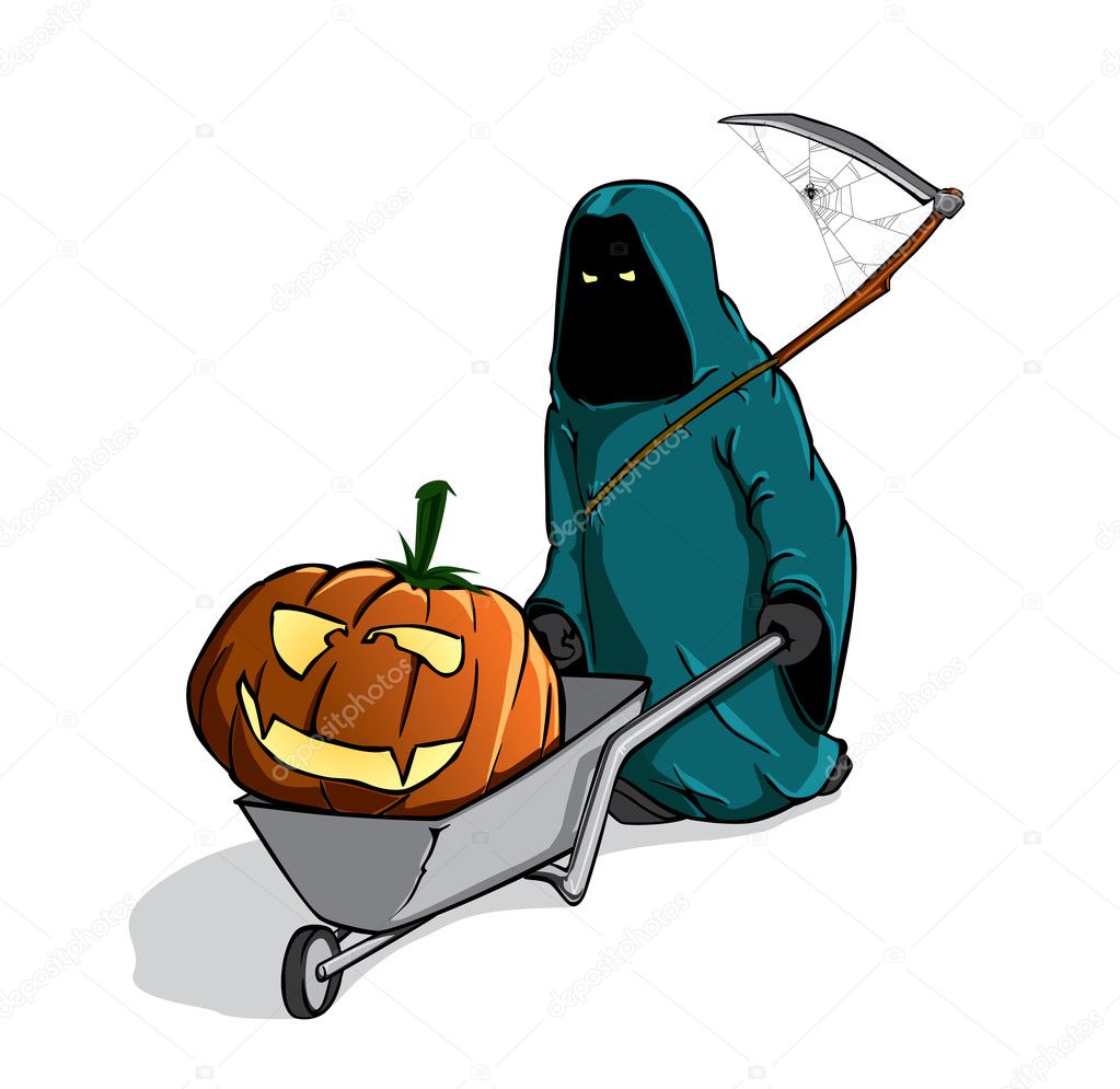 Death with the spooky pumpking in a wheelbarrow