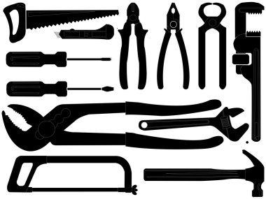 Hand tools silhouettes over white clipart