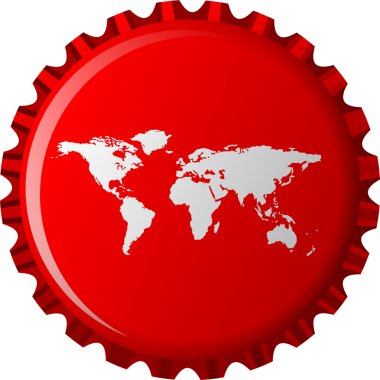 White world map on red bottle cap clipart