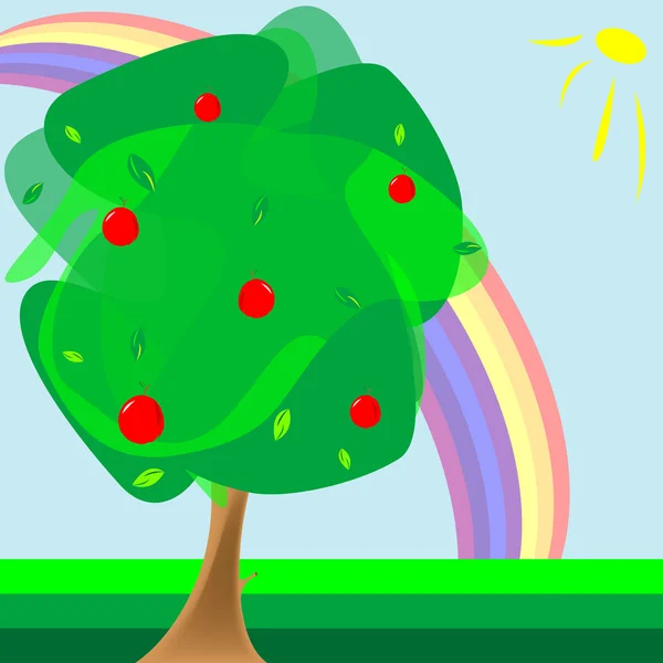 Äppelträd och regnbåge — Stock vektor