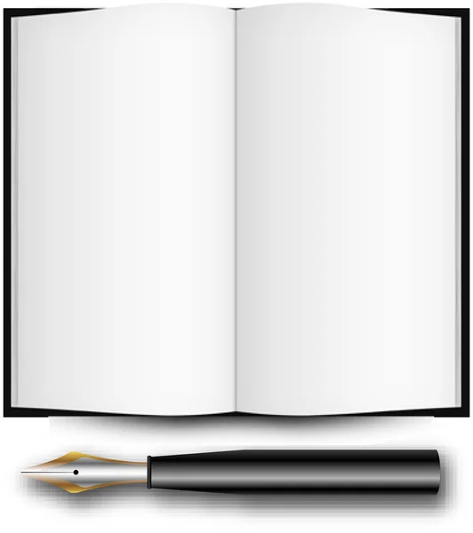 Fountain ink pen and open book — Stock Vector