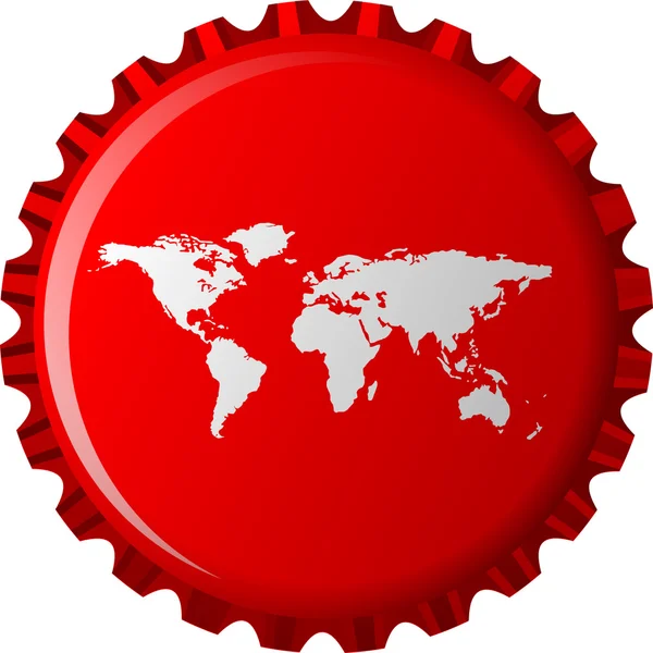 Mapa do mundo branco na tampa da garrafa vermelha — Vetor de Stock