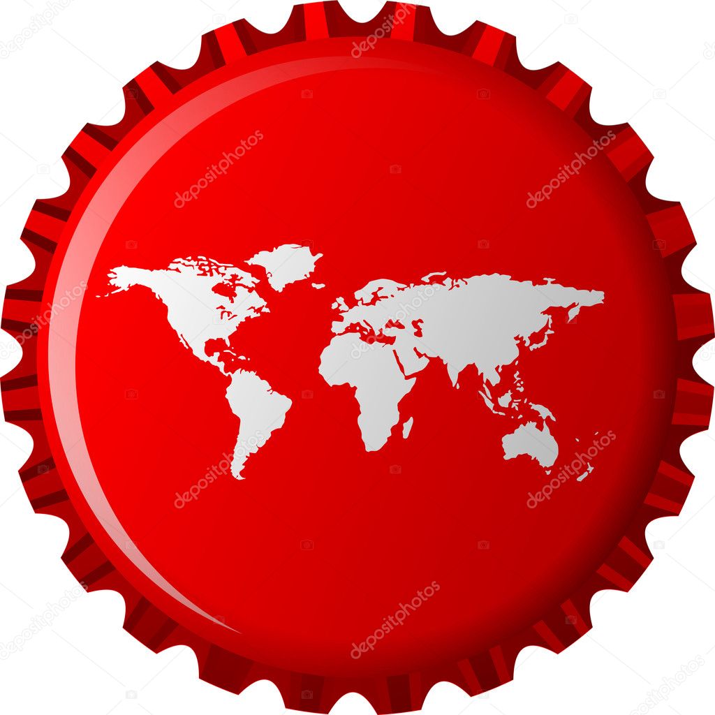 White world map on red bottle cap