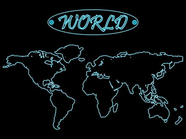 Azul neon mapa do mundo sobre preto — Vetor de Stock