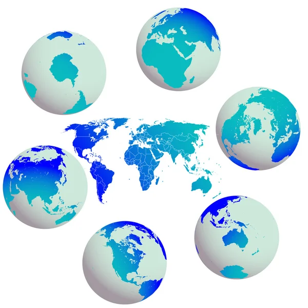 Globes de la Terre et carte du monde contre le blanc — Image vectorielle