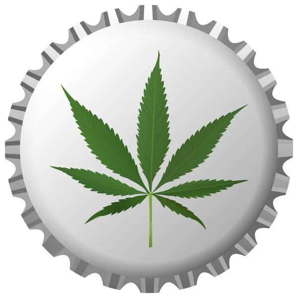 Folha de cannabis na tampa da garrafa sobre branco — Vetor de Stock