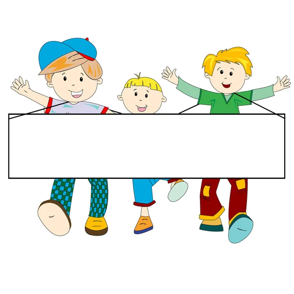 Dibujos animados de niños felices con banner en blanco — Vector de stock