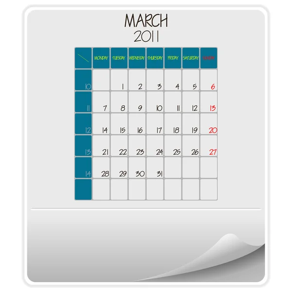 Března 2011 kalendář — Stockový vektor