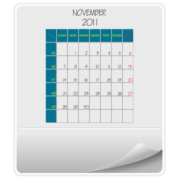 Calendrier 2011 novembre — Image vectorielle