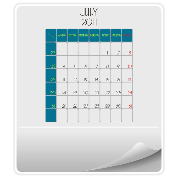 Календарь июля 2011 — стоковый вектор