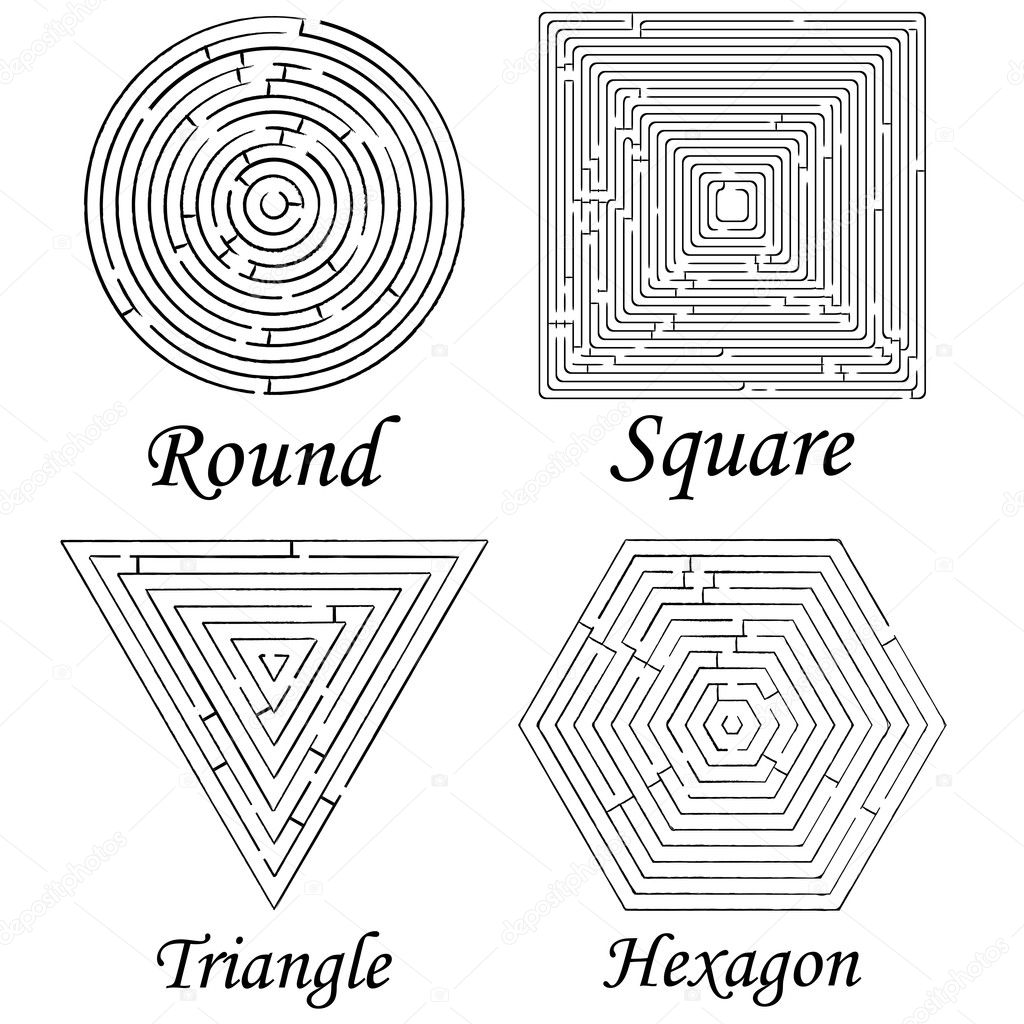 Four mazes shapes against white