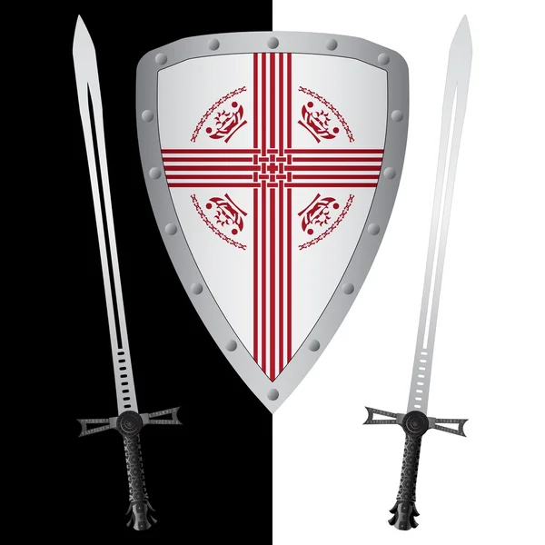 Escudo de fantasía y espadas. primera variante — Vector de stock