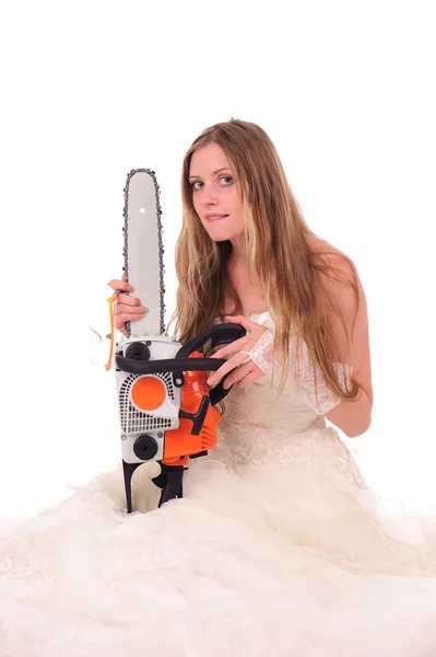 Calm bride with saw — Stock Photo, Image