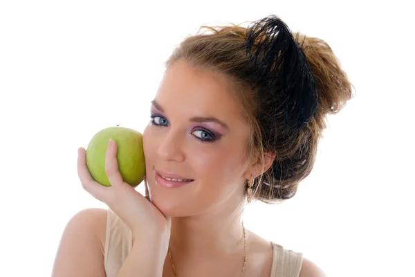 Flicka med ett grönt äpple — Stockfoto