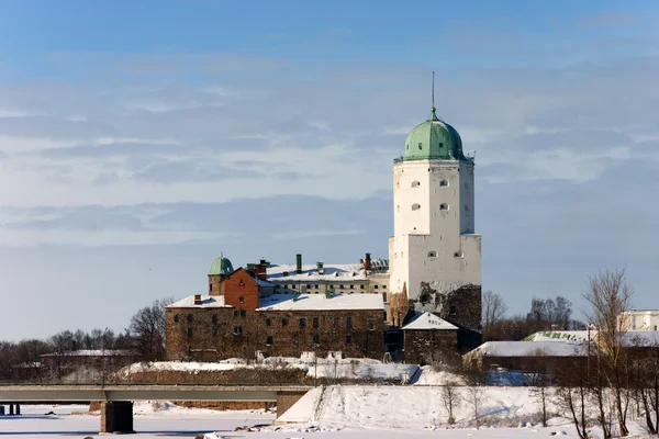 Valkoinen vanha torni yli talven kaupunki — kuvapankkivalokuva