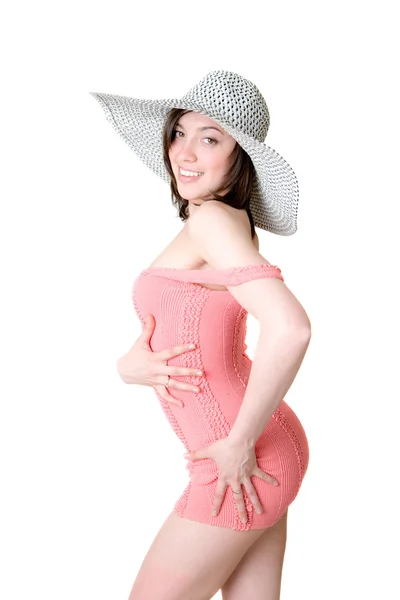 Menina em um vestido rosa e um chapéu — Fotografia de Stock